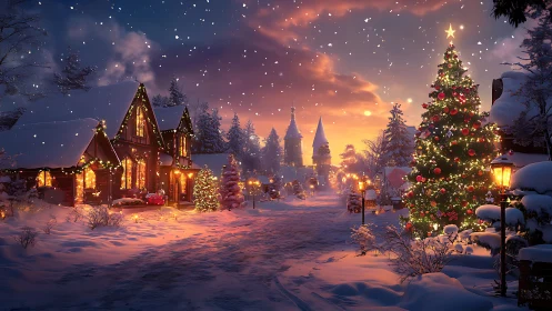 Snowlit village glows beneath a storybook Christmas sky.