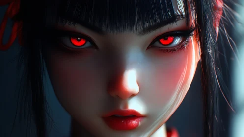 Crimson-eyed cyber muse studies the viewer without blinking