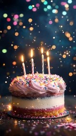 Birthday Cake with Lit Candles and Colorful Sprinkles