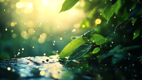 Luminous rain-washed foliage in shallow-depth macro study.