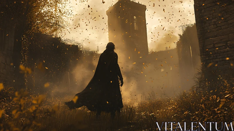 Cloaked wanderer in golden mist amid crumbling fortress ruins.