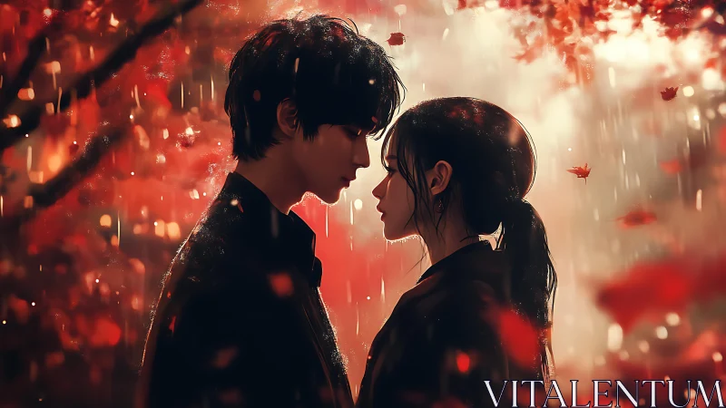 Two figures stand face to face under rainfall and red foliage