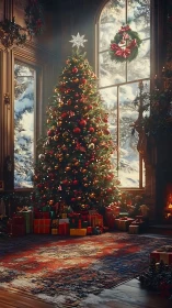 Photorealistic holiday interior with illuminated Christmas tree.
