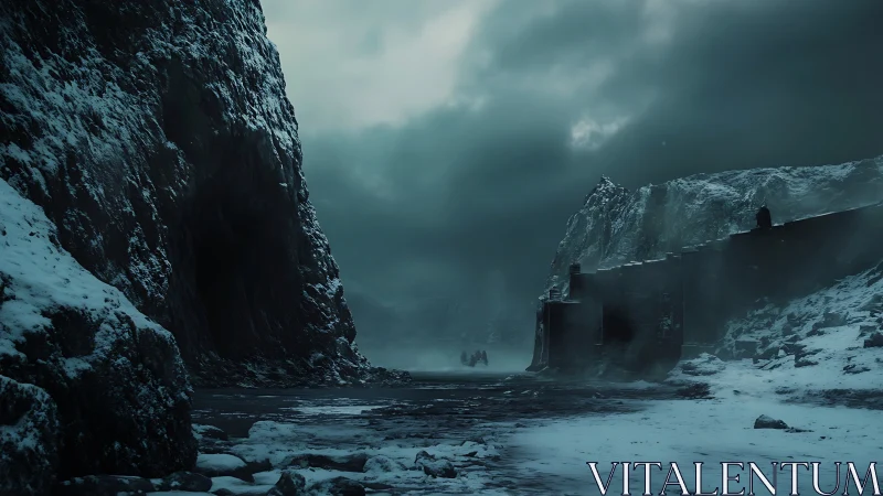 Snow-covered fortress wall borders a dark frozen mountain pass