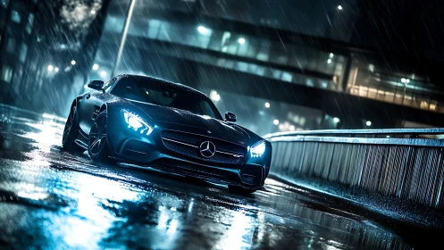 Mercedes coupe glides through neon rain on wet city overpass.