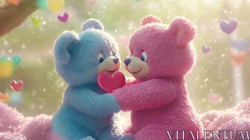 Sweet blue and pink teddy bears share a glowing heart