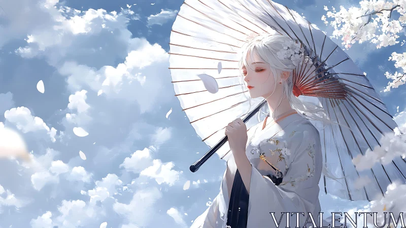 White-haired woman in kimono under wagasa amid sakura petals