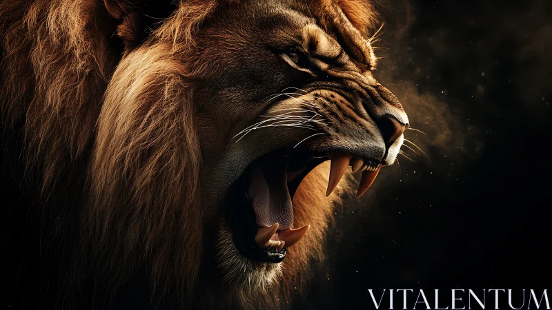 Roaring lion portrait in dramatic low key side lighting.