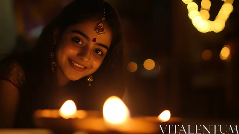 Young woman celebrating Diwali with oil lamps, warm festive glow.