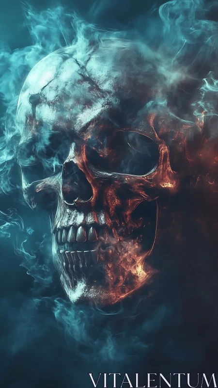 Burning chrome skull emerges through cyan and ember smoke.
