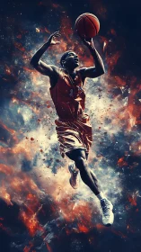 Soaring basketball player racing through fiery cosmic energy.