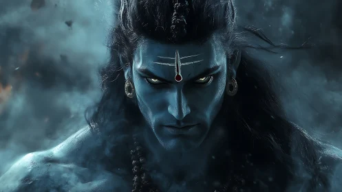 Hyper-detailed blue-skinned deity portrait with luminous eyes and smoke