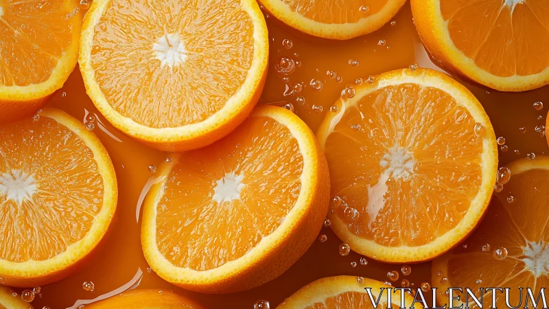Orange slices in liquid surface with visible juice bubbles.