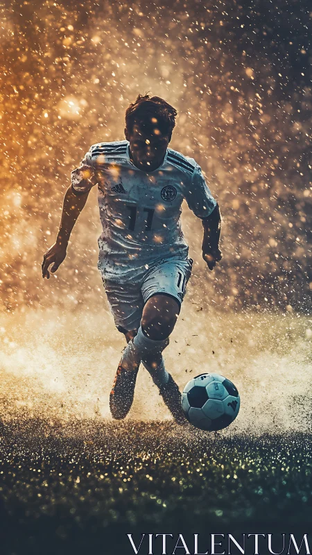 Soccer player running through wet field under bright backlight.