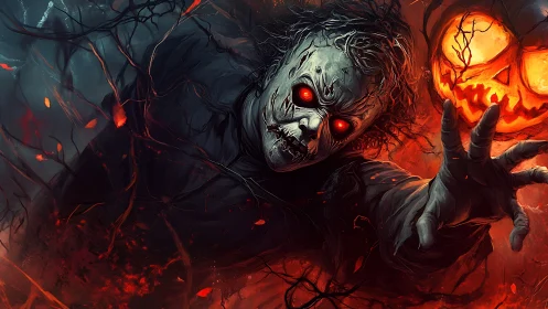 Hollow-eyed ghoul lunges from ember-lit Halloween gloom.