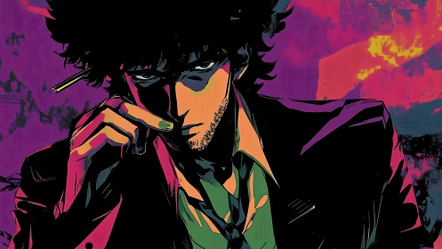 Neon noir anime bounty hunter in intense close portrait.