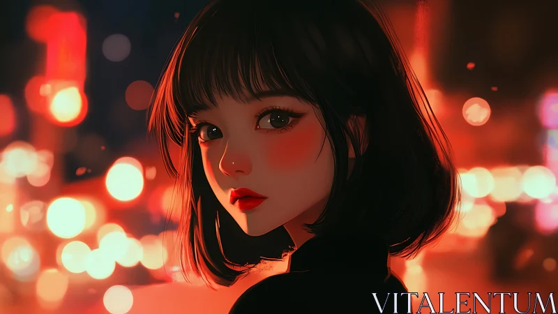 Neon city girl gazes back in glowing night portrait.