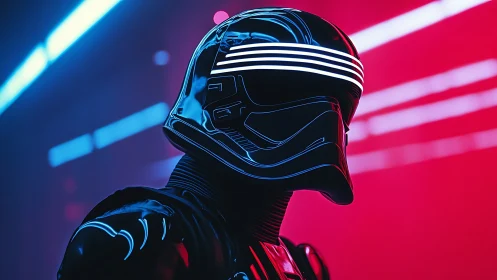 Chromed cybernetic rider under neon rim lighting in magenta haze