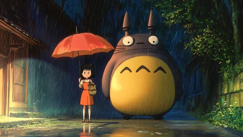 Girl with umbrella beside large forest creature in rain.