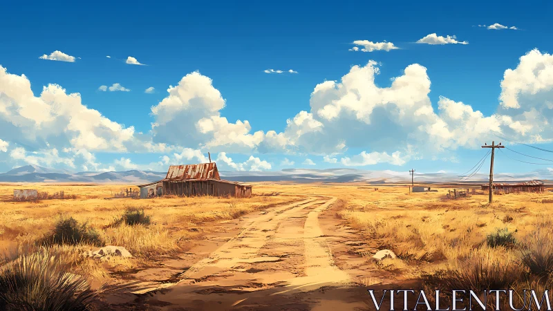 Dusty horizon road to a rusted homestead under roaming clouds.