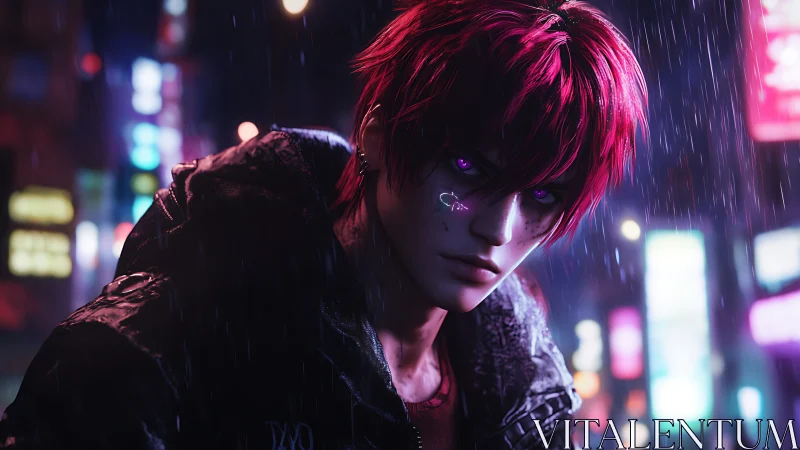 Red haired figure with glowing eyes stands in rainy neon city