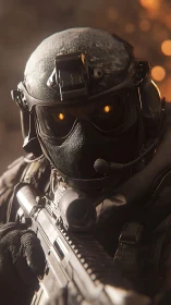 Armored tactical soldier with glowing eyes holding rifle.