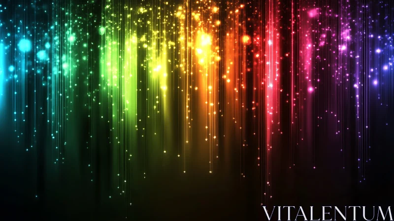 Cascading neon light trails form a radiant rainbow curtain.