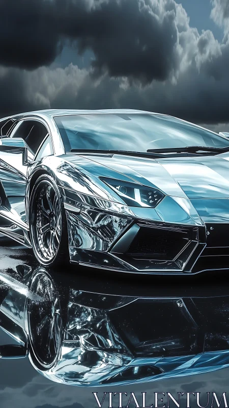 Chrome sports car reflects on wet surface under dense clouds