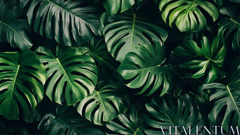 Monstera leaf canopy with deep green tropical foliage.