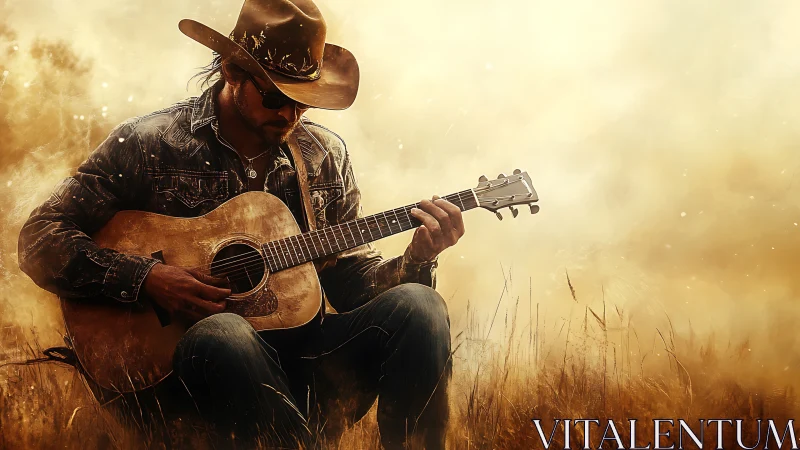 Cowboy guitarist plays softly in a golden field at dusk.