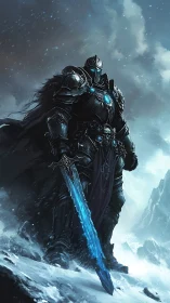 Frostbound warlord stands crowned in stormlit frozen silence.