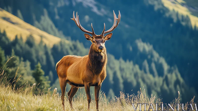 Antlered mountain sentinel paused in sunlit alpine hush.