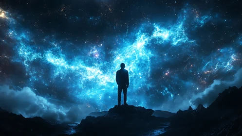 Silhouette on alien ridge beneath luminous blue nebula sky.