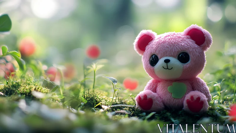 Pink plush bear toy in soft-focus forest clearing scene.