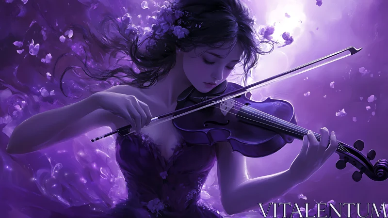 Violet dreamscape of a serene girl lost in violin music.