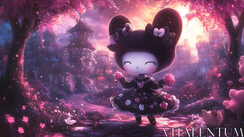 Chibi gothic girl wanders a glowing cherry blossom village