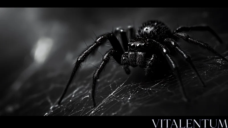 Brooding macro close-up of glossy black spider on webbed silk.