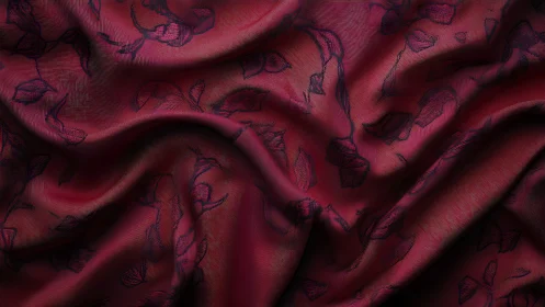 Deep Crimson Fabric Dances with Delicate Leaf Whispers