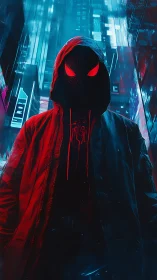 Hooded spider hero in neon blue red cyberpunk alleyway.