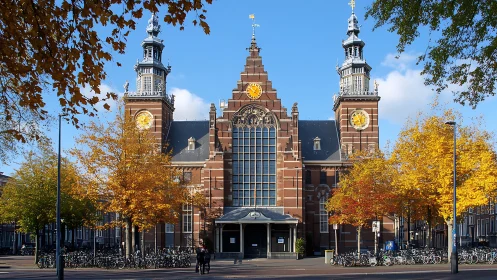 Historic brick city building with twin clock towers in autumn.