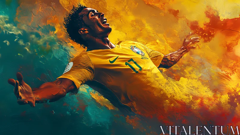 Brazil football player celebrating in vivid yellow clouds.