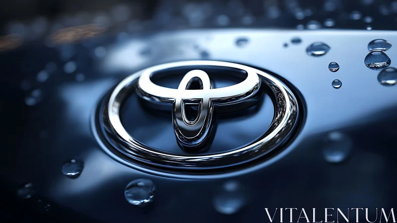 Gleaming car emblem shining on rain-kissed blue paint.