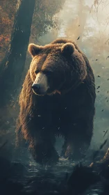 Massive brown bear strides through misty forest stream