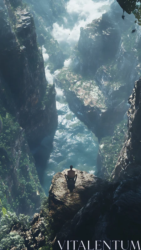 Solitary figure overlooks vast misty canyon from cliff edge