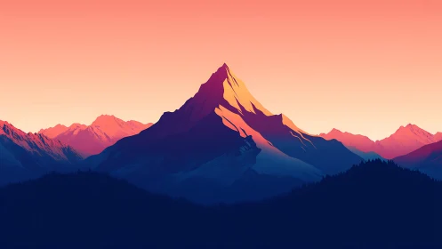 Sunrise glow over tranquil illustrated mountain peaks.