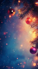Glowing red ornaments hang on fir branches amid bokeh snowfall