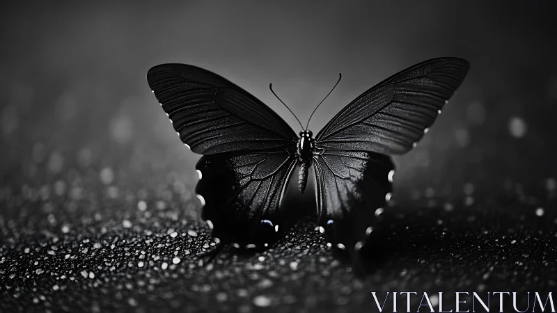 Monochrome macro study isolates a black butterfly on wet ground