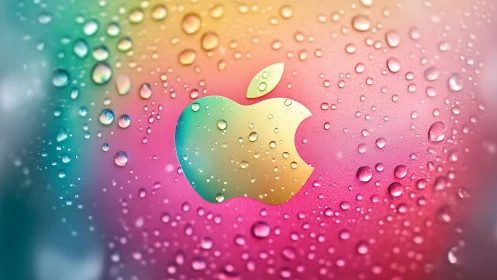 Glistening rainbow apple logo glows through soft water drops