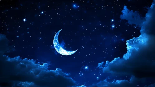 Crescent moon glows amid saturated indigo starscape clouds