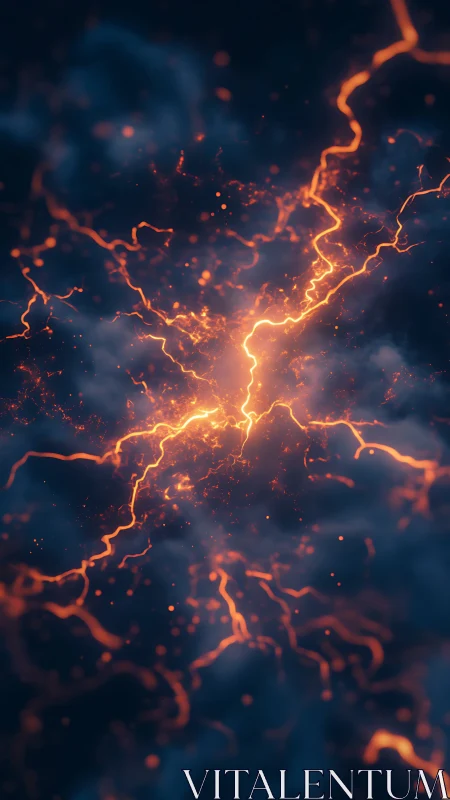 Orange plasma-like electrical arcs on dark cloudy field.